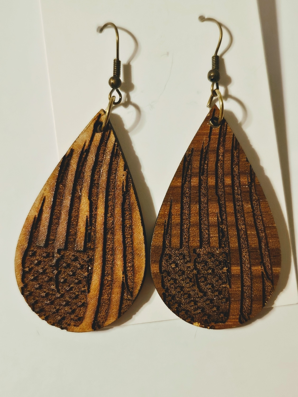 Wooden Teardrop American Flag Earrings - Brown